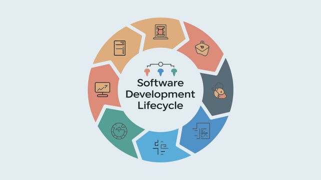 A colorful infographic illustrating the software development lifecycle process in a circular diagram