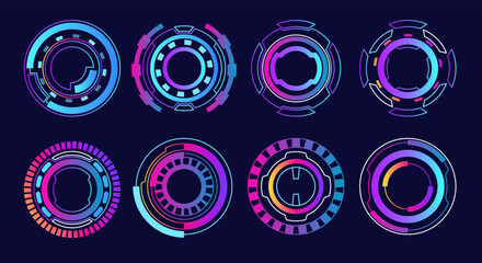 futuristic sci fi circular hud frame collection with neon glowing interface elements technology gaming science fiction display design cyber punk hi tech digital screen © SriWidiawati