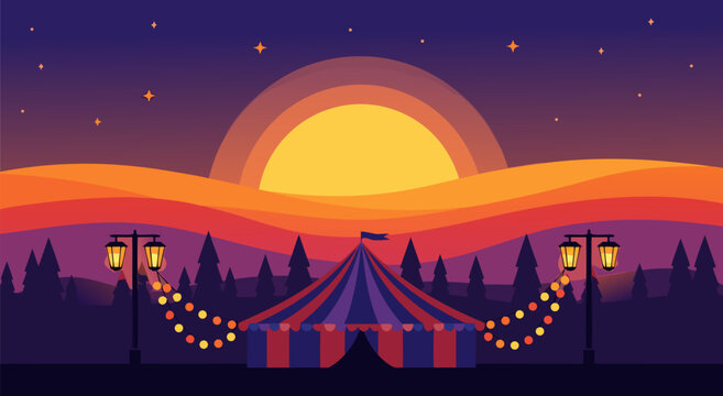 Vibrant Cartoon-Style Circus Tent at Sunset Vector Illustration with Lampposts and Whimsical Atmosphere