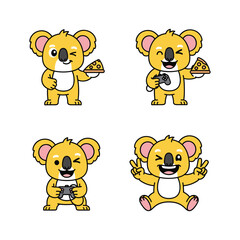 Cartoon koala character with different gestures and food on white background