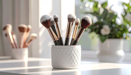 Makeup Brushes in White Ceramic Holder on Vanity Table.