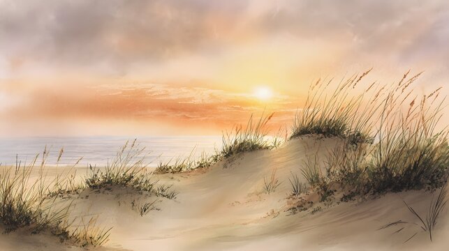 Serene sunrise over dunes warm colors paint a tranquil coastal scene peaceful beach illustration