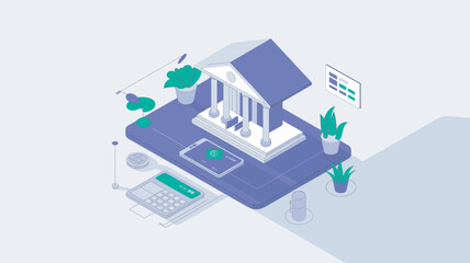 Obraz premium An isometric illustration of a bank building with a calculator and plants on a purple platform