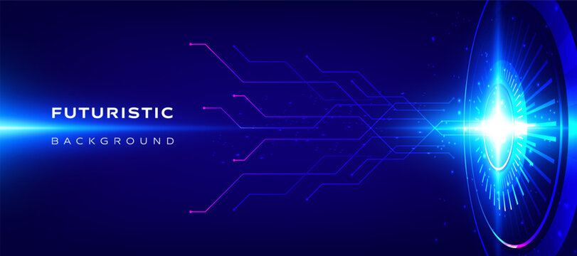 Futuristic background with neon light beam and digital circuit lines on blue technology backdrop.
Abstract high tech energy interface concept in glowing cyber style vector illustration.