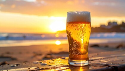 Refreshing beer at sunset on a tropical beach.