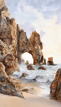 Spanish coastline watercolor illustration serene arch rockscape warm sunlight coastal beauty elegant landscape art