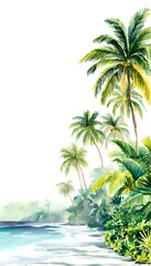 Fototapeta premium Serene Caribbean shore watercolor illustration evokes tropical vacation design warmth and island paradise beauty