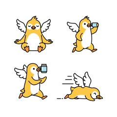 Fototapeta premium Cartoon penguin flying and taking selfie with camera in different poses on white background