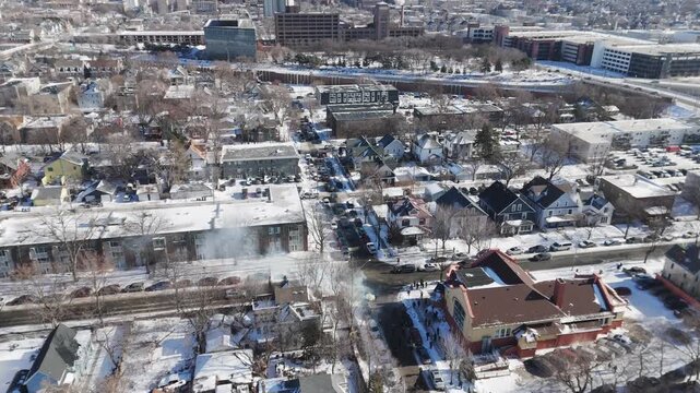Minneapolis winter aerial view of the area where Alex Pretti was shot