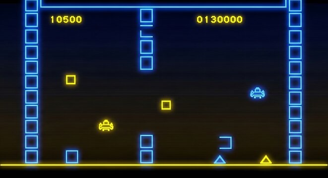 Retro arcade game screen with neon graphics and scores