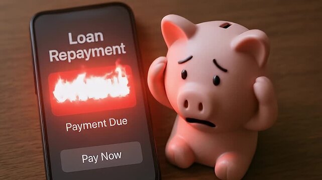 Loan repayment overdue notification smartphone screen with worried piggy bank figurine symbolizing financial stress and urgency for payment due highlighting debt management challenges and money