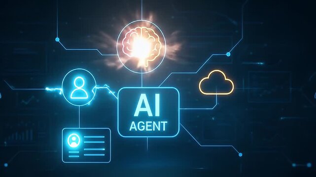AI agent concept featuring digital brain, cloud computing, and user profile icons connected by glowing neon lines, showcasing advanced technology, innovation, and futuristic data network integration