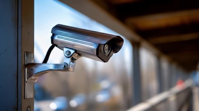 Surveillance camera mounted on metal bracket monitoring outdoor area with blurred background, security technology capturing video for safety protection and monitoring in public or private spaces