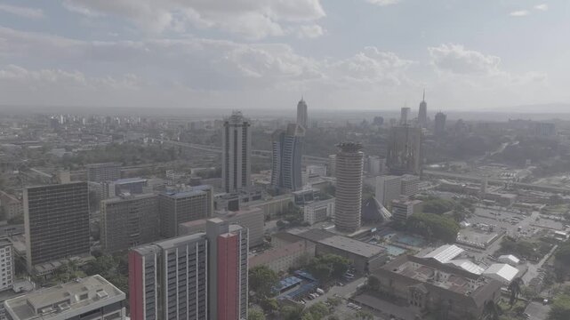 Aerial drone shot of KICC Kenya International Conference Center in Nairobi skline