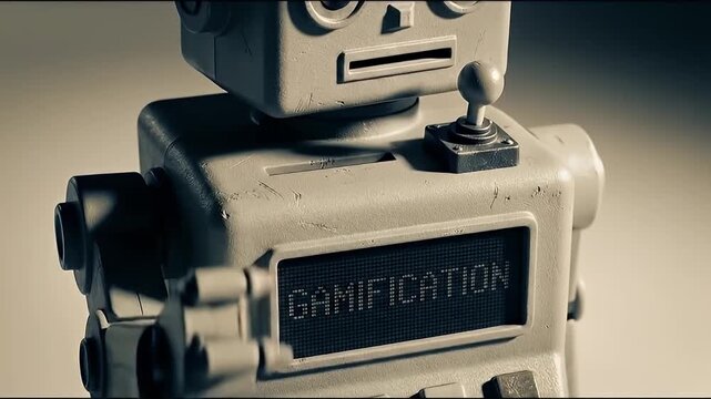 Robot gamification technology vintage retro joystick screen close up toy plastic gray mechanical digital display automation artificial intelligence futuristic machine electronic innovation concept