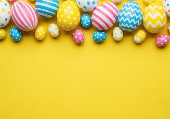 Fototapeta premium Colorful easter eggs in various patterns and designs on yellow background