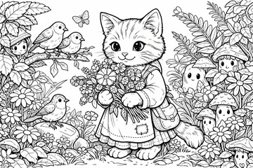Fototapeta premium Delightful line drawing of a small dressed kitten holding a bouquet in a lush forest filled with birds, mushrooms, and tiny folk, perfect for kids? coloring and story projects.