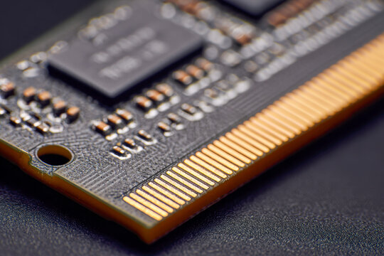 Detailed view of a computer memory module showing gold-plated connectors and electronic components on a black circuit board surface for technology use