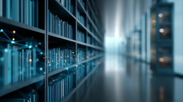 A high tech library corridor features illuminated digital networks among rows of books, representing the fusion of knowledge and technology. The scene evokes progress, learning, and futuristic design