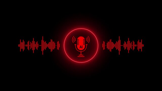 Futuristic AI Voice Recognition Interface with Microphone Icon and Digital Sound Wave on Dark Background