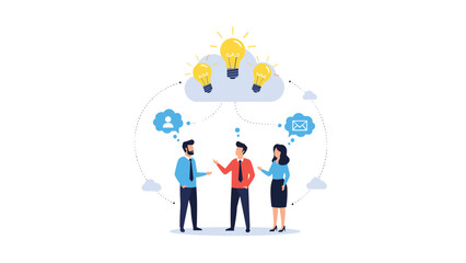 Three business professionals stand together engaged in a deep conversation under a cloud filled with three glowing lightbulbs for ideas.