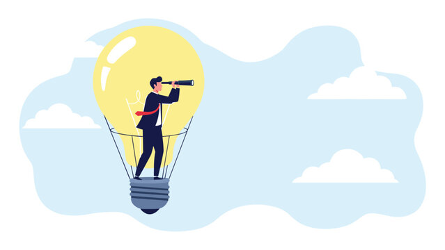 Creative visionary uses a telescope to look into the distance while floating in a lightbulb hot air balloon through a blue sky with soft white clouds.