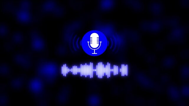 Futuristic Voice Recognition Concept with Microphone Icon, Digital Sound Waveform Visualization and Smart Audio Technology Interface on Black Background