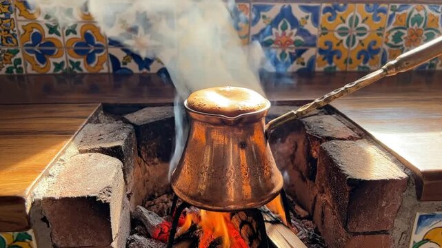 Copper Cezve Coffee Brewing on Fireplace with Steam and Traditional Tile Backsplash