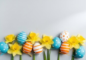 Easter eggs and daffodils on a gray background for spring holiday decoration ideas