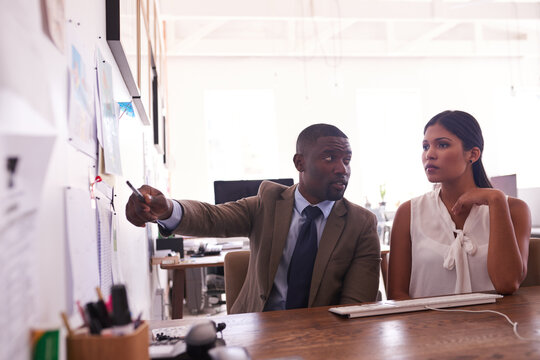 Discussion, businessman or woman in office for brainstorming, investment idea or asset management project. Talking, financial planning or investor with risk mitigation solution, teamwork or pointing