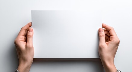 Obraz premium Two hands holding a blank white paper on a white surface, top-down perspective