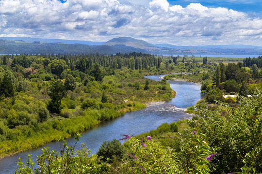 Tongariro River flowing into Lake Taupō at Tūrangi, New Zealand. Kuratau and Pukekaikiore peak in distance. View from Tongariro River Trail.