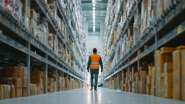 A male employee inspects a large warehouse aisle lined with stacked goods and parcels, ensuring efficient storage. Industrial lighting highlights the scale and orderliness of the facility