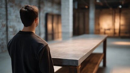 Fototapeta premium A solitary man stands in a dramatic moody industrial loft with exposed brick gazing at a substantial concrete workbench