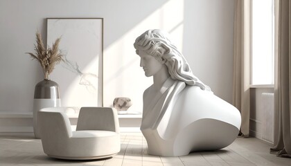 Minimalist interior with a classical bust, chair, vase, and framed art