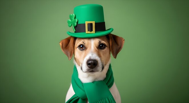 St patrick's day dog in green hat and scarf celebrating irish luck