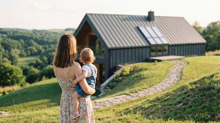 Fototapeta premium Mother Holding Child In Front of Modern House with Solar Panels