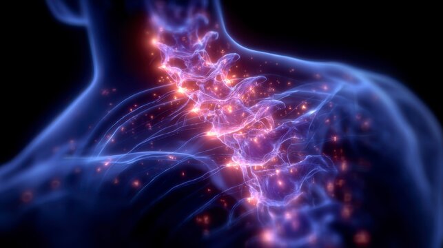 Artistic 3D rendering of cervical vertebrae glowing with energetic particles around the shoulder area, great for chiropractic branding, posture awareness, and medical infographics.