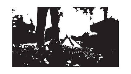 Obraz premium Abstract silhouetted image of people in a field with a small tent structure and trees