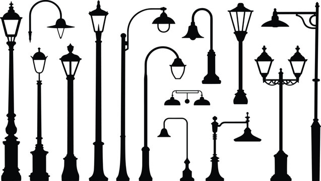 Set of black silhouettes featuring various vintage street lamps, classic outdoor lantern poles for urban park lighting