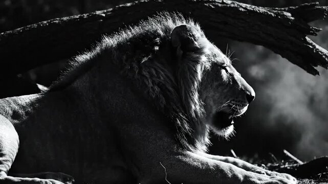 Majestic male lion resting in sunlight, showing his impressive mane in stunning black and white photography