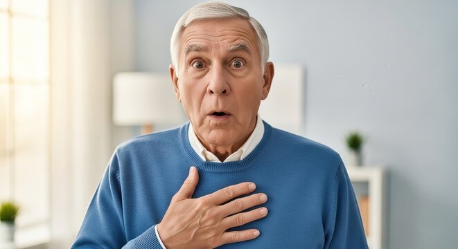 An elderly man clutching his chest in discomfort