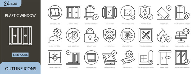 Plastic window icon set representing home and office windows, frames, glass panes, installation, architecture, construction, energy efficiency and building components in clean outline vector style. © IconForge Studio