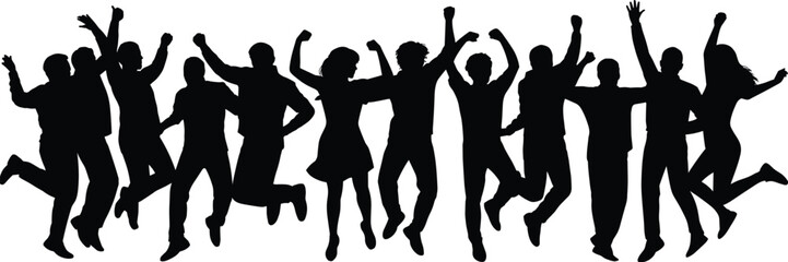 Obraz premium Excited crowd jumping silhouettes celebrating success, happy people group isolated black vector illustration dynamic celebration concept