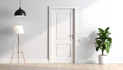 Bright, modern interior featuring a white door, plant, lamps, and minimalist decor on a light wood floor