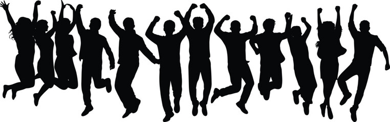 Happy people jumping silhouettes collection, energetic crowd celebrating success isolated black vector illustration set