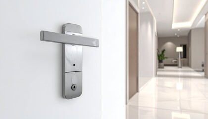 Close-up of a silver door handle on a white wall; blurred hallway in the background