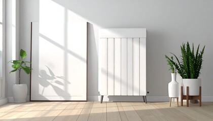Interior scene with natural light, a tall blank canvas, and decorative plants