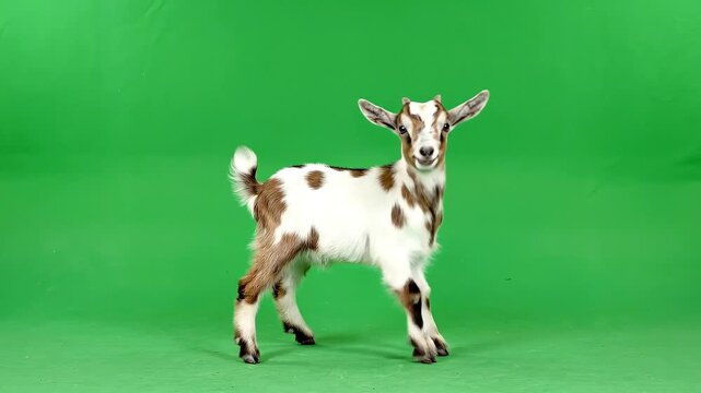 A white and brown goat standing on a green screen background, dancing in celebration. Perfect for memes, social media posts, and funny videos.