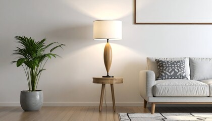 Interior scene with lamp on wooden table, plant, and white sofa against a wall